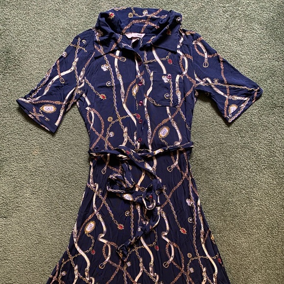 H&M Navy Blue Retro Style Watch Chain Print Midi Belted Shirt Dress - Size 4 XS - Picture 1 of 3